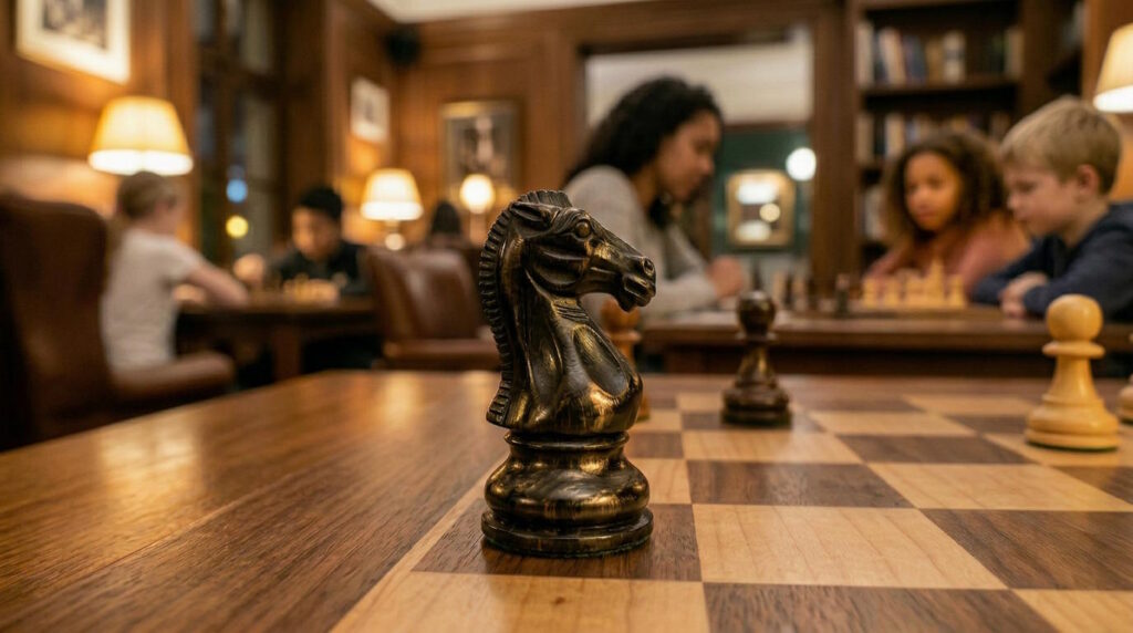 Échiquier en bois, club d'échecs Le Cavalier Essartois aux Essarts-le-Roi